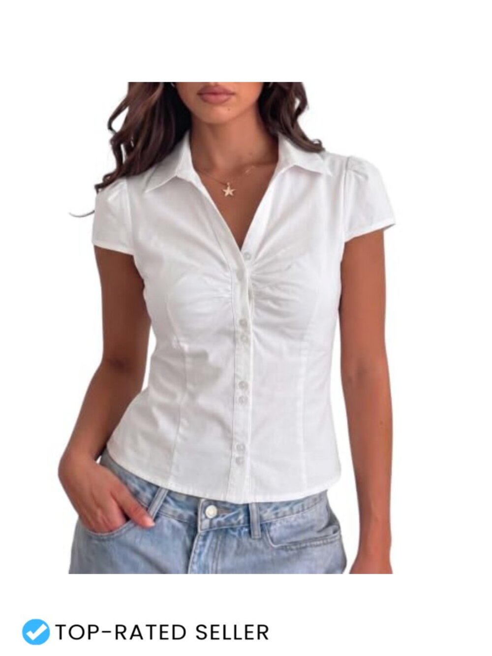 Women Button Down Shirt Tie Back Cap Sleeve Polyester Cotton Blouse
